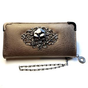 Womens Skull Clutch Wallet with Gunmetal Chain